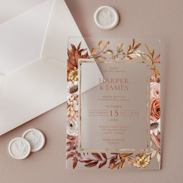 Invitations En Acrylique Aquarelle rustique Mariage de cadre Floral Automne (Rustic Watercolor Autumn Floral Frame Wedding Acrylic Invitations)