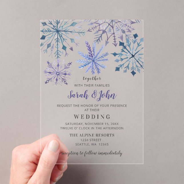 Invitations En Acrylique Aquarelle rustique Snowflakes Blue Winter Wedding (In situ (ordinateur de poche))