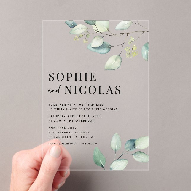 Invitations En Acrylique Aquarelle Sage Green Eucalyptus Branches Mariage (In situ (ordinateur de poche))