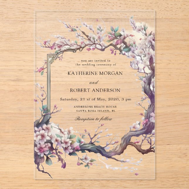 Invitations En Acrylique Aquarelle Sakura Cherry Flower Mariage (Recto)