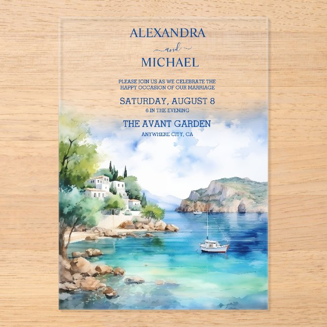 Invitations En Acrylique Aquarelle Santorin Mariage grec (Recto)