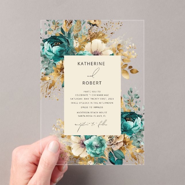 Invitations En Acrylique Aquarelle Turquoise or Floral Mariage (In situ (ordinateur de poche))