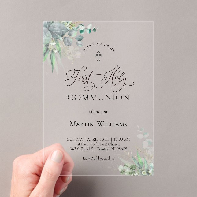 Invitations En Acrylique aquarelle verdure feuillage | Première Communion  (In situ (ordinateur de poche))
