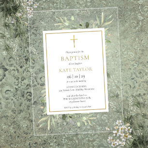 Invitations En Acrylique Aquarelle Verdure Or Baptême Christening