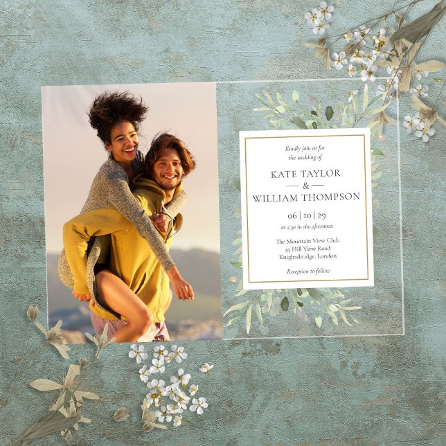 Invitations En Acrylique Aquarelle verte Mariage photo Floral (Watercolor Greenery Floral Photo Wedding Acrylic Invitations)