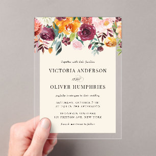 Invitations En Acrylique Aquarelle vintage Fleurs d'automne Mariage floral