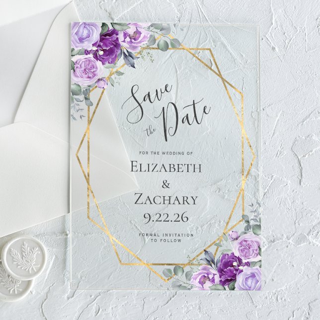 Invitations En Acrylique Aquarelle violet cadre or floral Enregistrer la da (Créateur téléchargé)