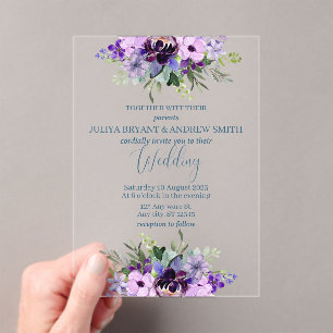 Invitations En Acrylique Aquarelle violette et verte mariage floral
