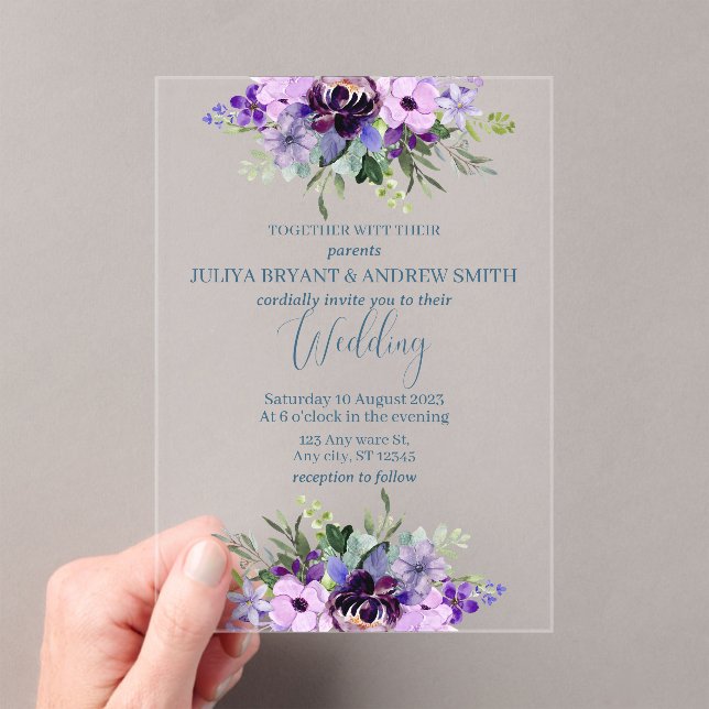 Invitations En Acrylique Aquarelle violette et verte mariage floral (In situ (ordinateur de poche))