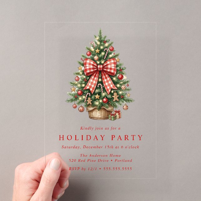 Invitations En Acrylique Arbre de Noël à l'aquarelle Ruban Gingham Rouge Fê (In situ (ordinateur de poche))
