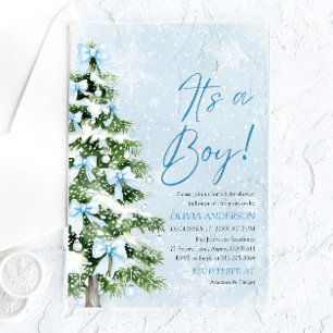 Invitations En Acrylique Arbre de Noël au Ruban Bleu C'est un Garçon Baby S