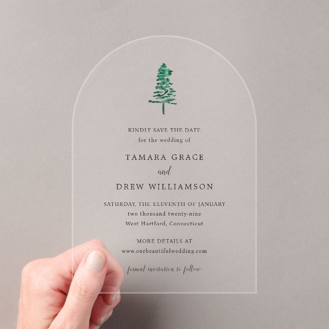 Invitations En Acrylique Arbre de pin rustique mariage moderne carte de fai (In situ (ordinateur de poche))