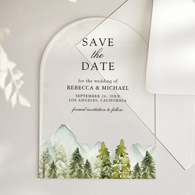 Invitations En Acrylique Arbres de pin de montagne rustiques pour mariage,  (Créateur téléchargé)