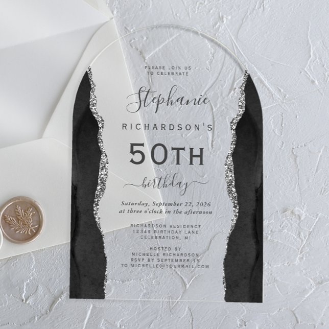 Invitations En Acrylique Arc de 50e anniversaire de l'âge d'argent noir (Créateur téléchargé)