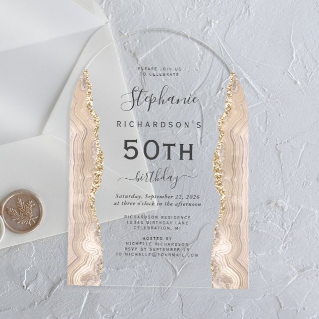 Invitations En Acrylique Arc de 50e anniversaire en agate dorée (Créateur téléchargé)