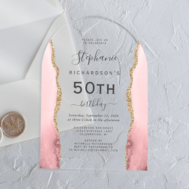 Invitations En Acrylique Arc de 50e anniversaire en agate rose doré (Créateur téléchargé)