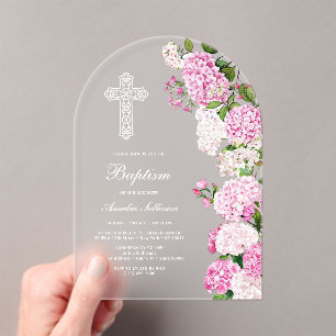 Invitations En Acrylique Arc de baptême d'hortensia rose élégant