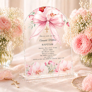 Invitations En Acrylique Arc de baptême fille fleurs perles ruban rose clai