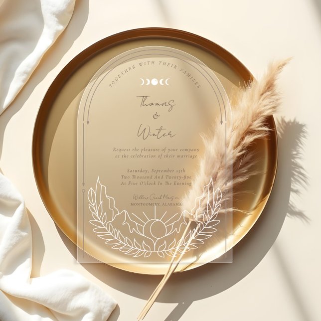Invitations En Acrylique Arc de Boho Holistique Céleste Minimal Lune & Étoi (Minimal Celestial Holistic Boho Moon & Stars Arch Acrylic Invitations)