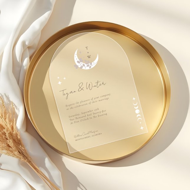 Invitations En Acrylique Arc de Boho Holistique Céleste Minimal Lune & Étoi (Minimal Celestial Holistic Boho Moon & Stars Arch Acrylic Invitations)