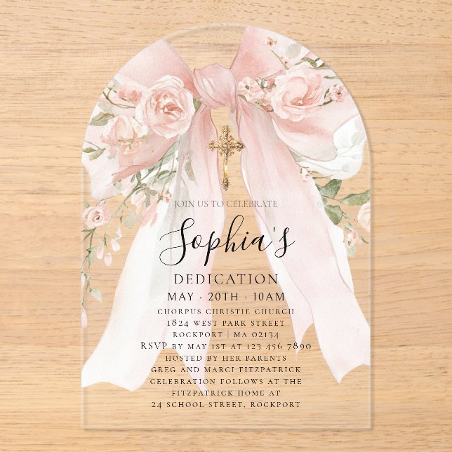Invitations En Acrylique Arc de dédicace de rose florale à ruban rose (Recto)