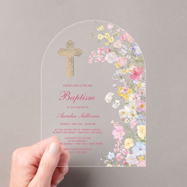 Invitations En Acrylique Arc de fleurs de prairie Baptême (In situ (ordinateur de poche))