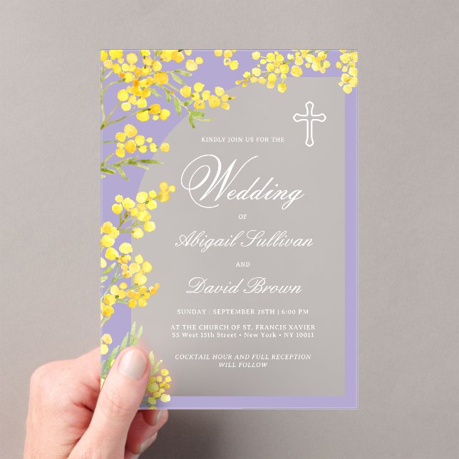Invitations En Acrylique Arc de fleurs jaunes sur Lavender Mariage religieu (In situ (ordinateur de poche))
