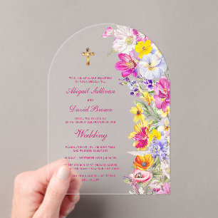 Invitations En Acrylique Arc de fleurs sauvages lumineuses mariage religieu