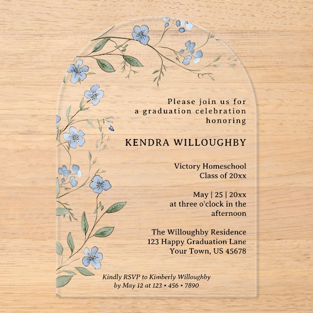 Invitations En Acrylique Arc de graduation Fleur sauvage d'accueil bleu (Recto)