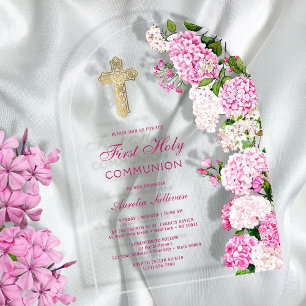 Invitations En Acrylique Arc de Hortensia Rose Première Communion