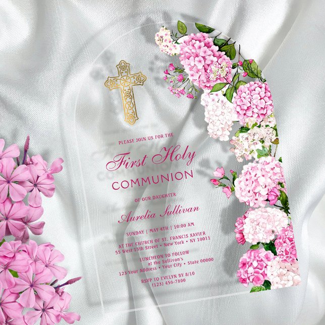 Invitations En Acrylique Arc de Hortensia Rose Première Communion (Créateur téléchargé)