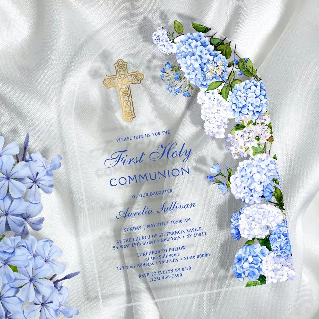 Invitations En Acrylique Arc de l'Hydrangea Bleue Première Communion (Créateur téléchargé)