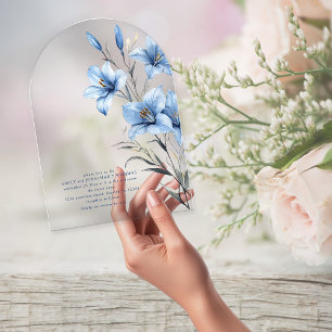 Invitations En Acrylique Arc de mariage à code QR avec fleurs bleues minima