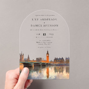 Invitations En Acrylique Arc de mariage à l'aquarelle avec la skyline éléga