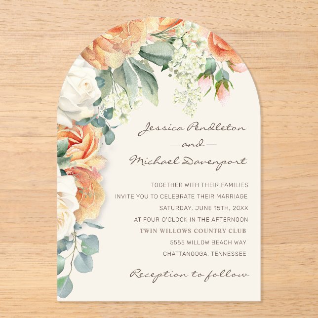 Invitations En Acrylique Arc de mariage élégant aux fleurs blanches de pêch (Recto)