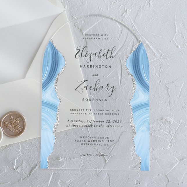 Invitations En Acrylique Arc de mariage moderne en agate bleu bébé argenté (Créateur téléchargé)