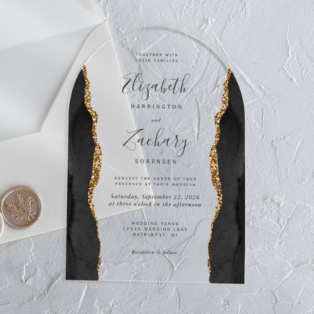 Invitations En Acrylique Arc de mariage moderne en agate or noir (Créateur téléchargé)