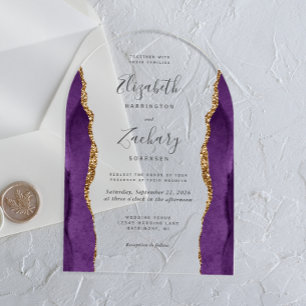 Invitations En Acrylique Arc de mariage moderne en agate or violet