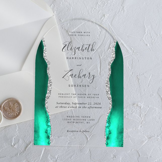 Invitations En Acrylique Arc de mariage moderne en agate vert mousse argent (Créateur téléchargé)