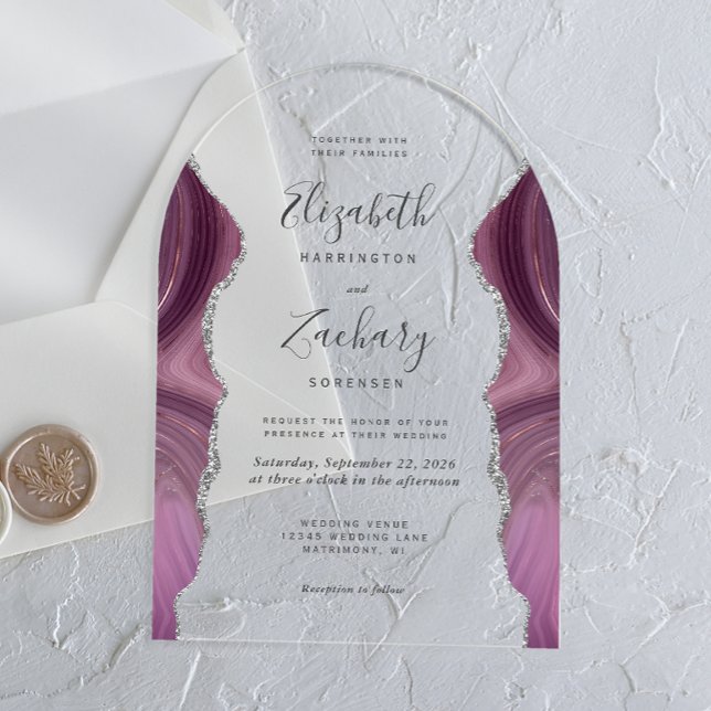 Invitations En Acrylique Arc de mariage moderne en argent mauve agate (Créateur téléchargé)