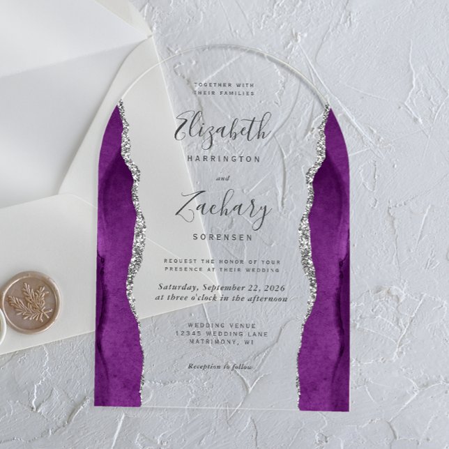 Invitations En Acrylique Arc de mariage moderne en argent violet agate (Créateur téléchargé)