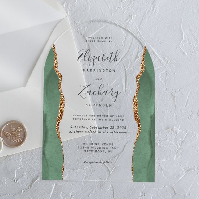 Invitations En Acrylique Arc de mariage moderne vert sauge or agate (Créateur téléchargé)