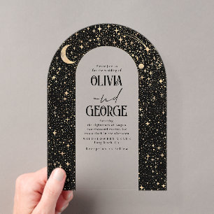 Invitations En Acrylique Arc de mariage noir et or moderne céleste