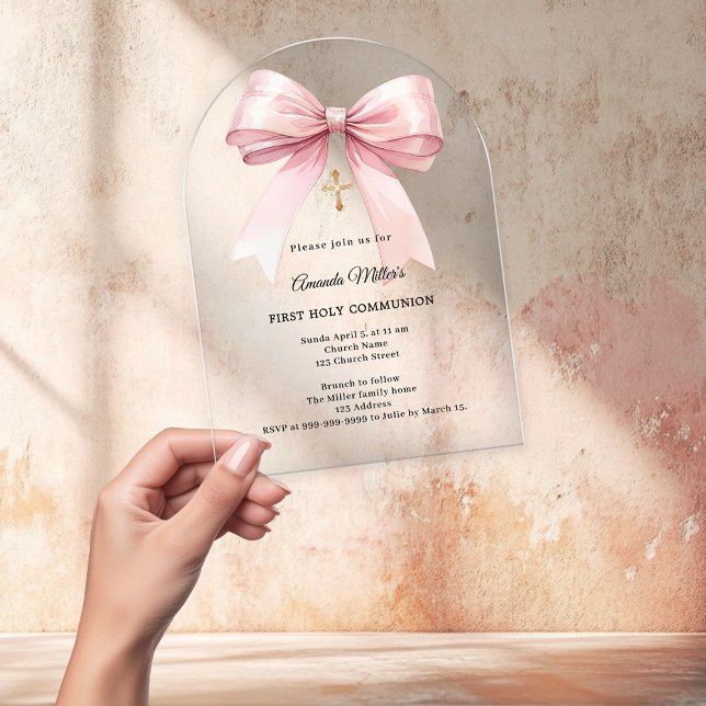 Invitations En Acrylique Arc de première communion fille ruban crème rose (Créateur téléchargé)