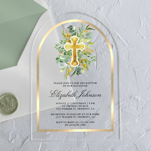 Invitations En Acrylique Arc de verdure doré eucalyptus rustique baptême (Créateur téléchargé)