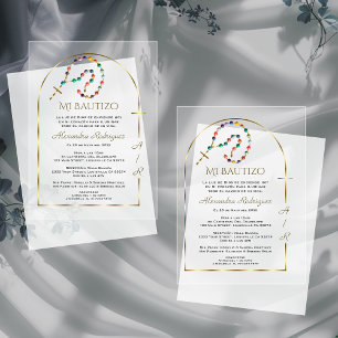 Invitations En Acrylique Arc d'or espagnol Croix fille Monogramme Baptême