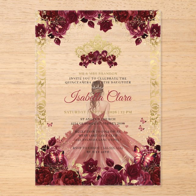 Invitations En Acrylique Arc d'or floral de Bourgogne Princesse Quinceanera (Recto)