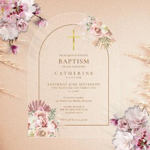Invitations En Acrylique Arc d'or Pampas Grass Floral Girl Baptême