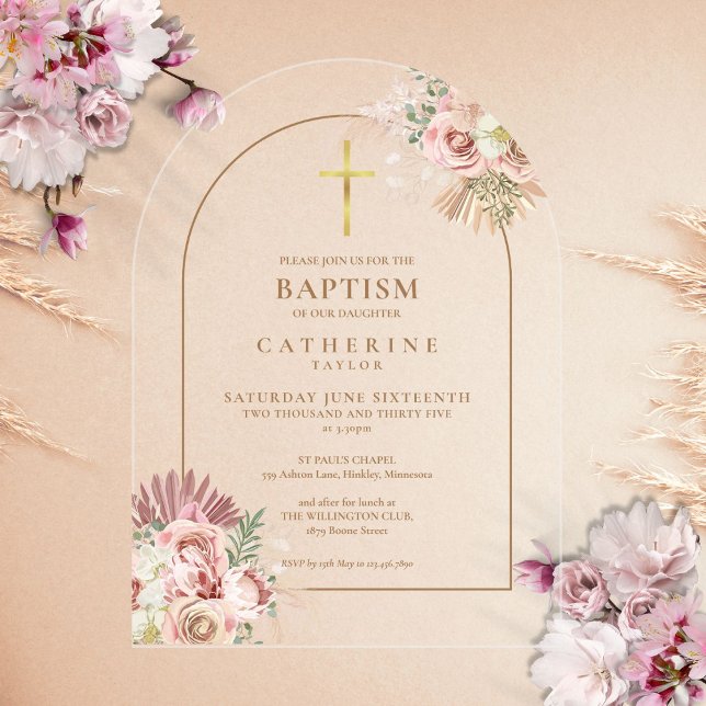 Invitations En Acrylique Arc d'or Pampas Grass Floral Girl Baptême (Gold Arch Pampas Grass Floral Girl Baptism Acrylic Invitations)