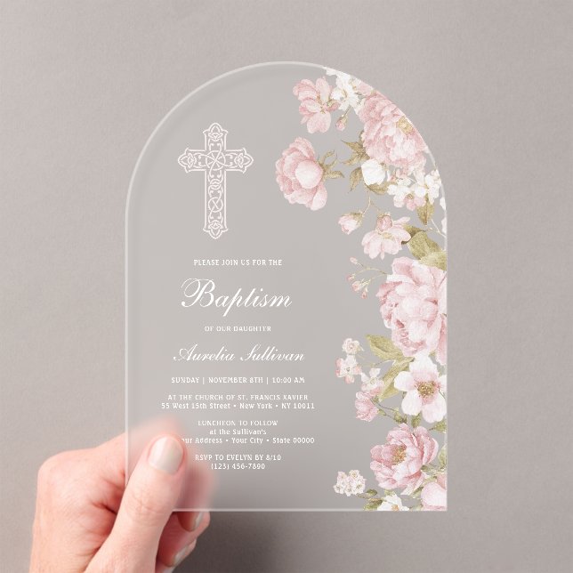 Invitations En Acrylique Arc élégant de fleurs rose pour baptême (In situ (ordinateur de poche))